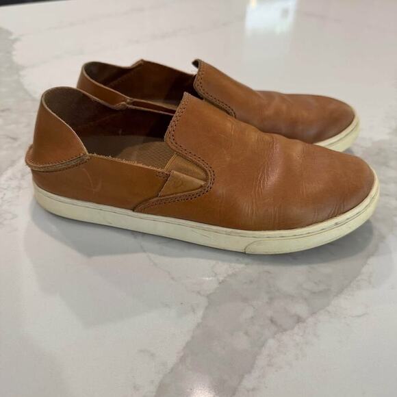 OluKai Pehuea Leather SlipOn Two Way Loafer Shoes Womens 7 Floc Fox Brown Slides - Picture 1 of 10